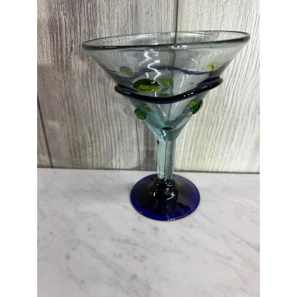 Hand Blown Recycled Glass Margarita Glass Cobalt Blue Spiral Green Dots Mexico
